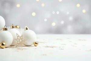blanc Noël babioles décoration sur flou Contexte avec lumières. Nouveau année salutation carte. minimal style. ai généré photo