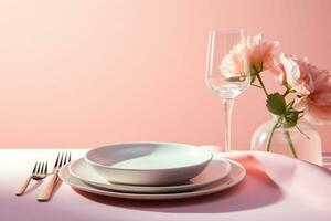 table réglage dans pastel couleurs. luxe élégant table paramètre, des lunettes et vaisselle génératif ai photo