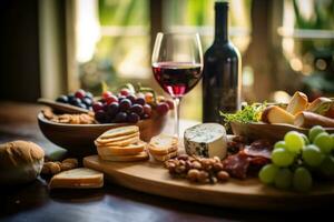 nourriture et du vin assortiment. fromage, raisin, Viande et des fruits sur le en bois bureau. génératif ai photo