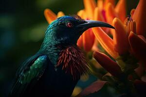 coloré tropical oiseau et magnifique surréaliste fleurs. génératif ai photo