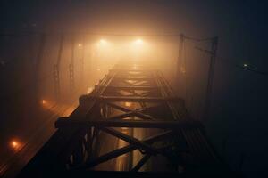 le brumeux pont avec une rue lumière sur le côté. le nuit pont couvert dans le brouillard. génératif ai photo