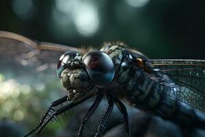 une macro coup de une libellule avec délicat transparent ailes sur une flou Contexte. génératif ai photo