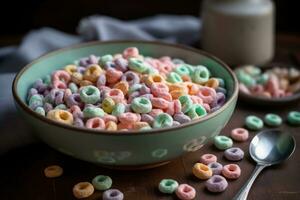 pastel coloré froisser boucles avec petit cuillère. délicieux fruit céréale anneaux. génératif ai photo