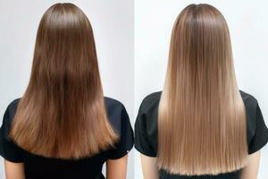 femme avant et après cheveux traitement. malade, Couper et en bonne santé cheveux se soucier redressage. génératif ai photo