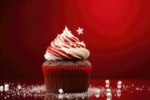 rouge Noël petit gâteau, bonbons canne et Noël décoration. ai généré photo