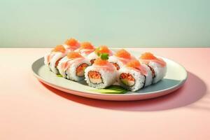 maki Rouleaux dans rangée avec saumon, avocat, thon, concombre. Japonais nourriture avec Sushi rouleau. génératif ai photo