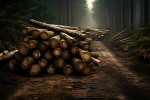 Journal les troncs pile, le enregistrement Charpente bois industrie. Couper des arbres le long de une route. génératif ai photo
