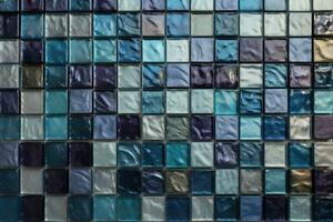 coloré verre mosaïque dans divers carrés dans le argent et foncé marine couleurs. ai généré photo