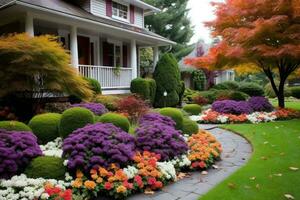 de face Cour avec les plantes dans automne. élégant maison décoré pour l'automne vacances saison, coloré des buissons sur une premier plan. ai généré photo