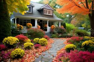 de face Cour avec les plantes dans automne. élégant maison décoré pour l'automne vacances saison, coloré des buissons sur une premier plan. ai généré photo