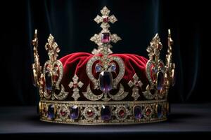 d'or décoré reine couronne avec diamants. coûteux bijoux. la magie couronne, proche en haut. génératif ai photo