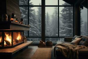 vivant pièce avec cheminée et panoramique fenêtre avec vue sur le montagnes. génératif ai photo
