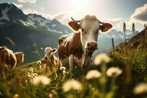 vache sur le fleuri prairies. la nature avec sauvage fleurs et montagnes dans le Contexte. génératif ai photo