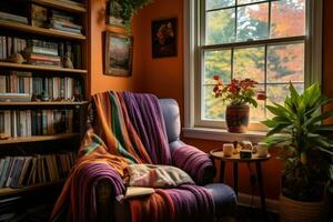 une en train de lire coin dans une Accueil bureau, Achevée avec un fauteuil, couverture et une étagères. chaud l'automne couleurs. génératif ai photo
