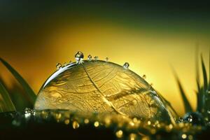 transparent laissez tomber de l'eau sur une feuille. gouttes de rosée dans le Matin lueur dans le Soleil. génératif ai photo