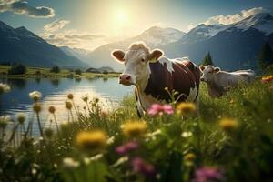 vache sur le fleuri prairies. la nature avec sauvage fleurs et montagnes dans le Contexte. génératif ai photo