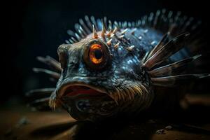 eaux profondes poisson à le bas de le océan. une effrayant poisson avec gros dents. sous-marin monde. génératif ai photo