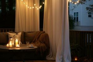 confortable Extérieur terrasse avec table et chaises. bougies, rideaux, LED chaîne fête lumières dans le soir. génératif ai photo