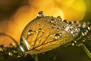 transparent laissez tomber de l'eau sur une feuille. gouttes de rosée dans le Matin lueur dans le Soleil. génératif ai photo