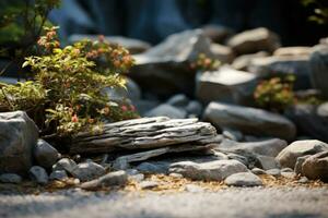 Japonais Roche jardin avec soigneusement mis des pierres, les plantes et sable. génératif ai photo