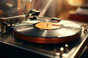 ancien record joueur avec vinyle disque sur table dans chambre. génératif ai photo