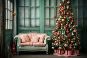 Noël arbre avec décorations. magnifique Noël cadeaux en dessous de sapin arbre sur sol dans chambre. ai généré photo