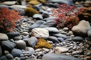 Japonais Roche jardin avec soigneusement mis des pierres, les plantes et sable. génératif ai photo