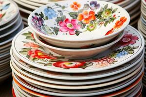 une empiler de ancien populaire floral à motifs porcelaine assiettes. génératif ai photo