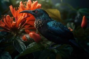 coloré tropical oiseau et magnifique surréaliste fleurs. génératif ai photo