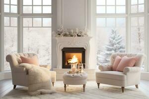 hiver confortable vivant pièce intérieur avec cheminée et les fauteuils. génératif ai photo