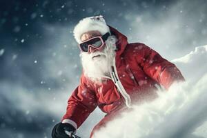 Père Noël claus est ski dans le neigeux montagnes. génératif ai photo