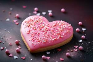 cœur en forme de biscuit avec rose glaçage et cœur arrose. la Saint-Valentin journée traiter. génératif ai photo