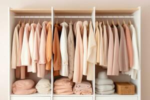 minimaliste monochromatique garde-robe. placard rempli avec vêtements, soigneusement organisé. génératif ai photo