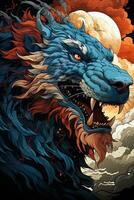 fantastique dragon dans dessin animé style, fantastique personnage, coloré brillant fond.ai génératif art photo