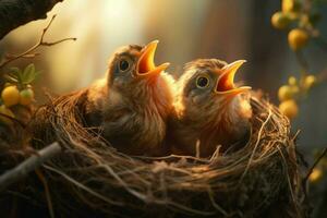 bébé des oiseaux dans le nid sur la nature Contexte. ai généré. pro image photo
