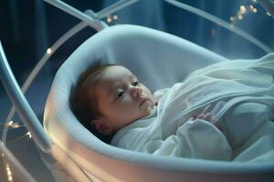 mignonne peu bébé garçon séance dans hôpital lit, fermer. ai généré pro photo