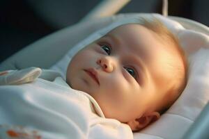 mignonne peu bébé en train de dormir dans une bébé voiture siège à maison. ai généré pro photo