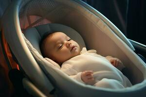 mignonne peu bébé en train de dormir dans une bébé voiture siège à maison. ai généré pro photo