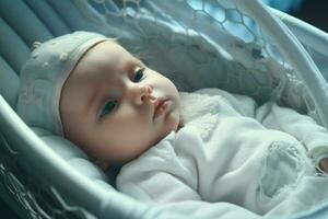 mignonne peu bébé garçon séance dans hôpital lit, fermer. ai généré pro photo