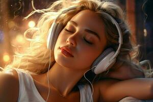 magnifique Jeune femme avec écouteurs écoute à musique. portrait de une magnifique blond fille dans écouteurs. ai généré pro photo