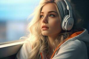 magnifique Jeune femme avec écouteurs écoute à musique. portrait de une magnifique blond fille dans écouteurs. ai généré pro photo