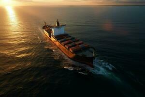 aérien vue de cargaison navire avec récipient dans mer à le coucher du soleil. ai généré pro photo