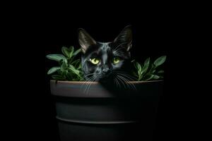 portrait de une mignonne chat dans une pot sur une noir Contexte. ai généré pro photo