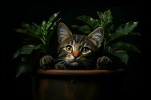 portrait de une mignonne chat dans une pot sur une noir Contexte. ai généré pro photo