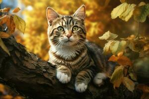 mignonne chat séance sur une arbre branche dans le l'automne forêt. ai généré pro photo