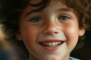 portrait de une mignonne souriant peu garçon. fermer. ai généré pro photo