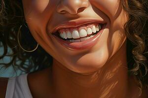 Jeune femme avec magnifique en bonne santé sourire, fermer. dentaire se soucier. ai généré pro photo