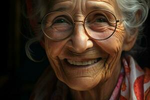 portrait de une souriant Sénior femme. concentrer sur le yeux. ai généré pro photo