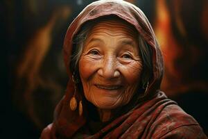 portrait de une souriant Sénior femme. concentrer sur le yeux. ai généré pro photo