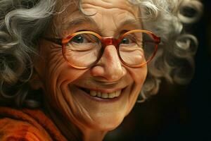 portrait de une souriant Sénior femme. concentrer sur le yeux. ai généré pro photo